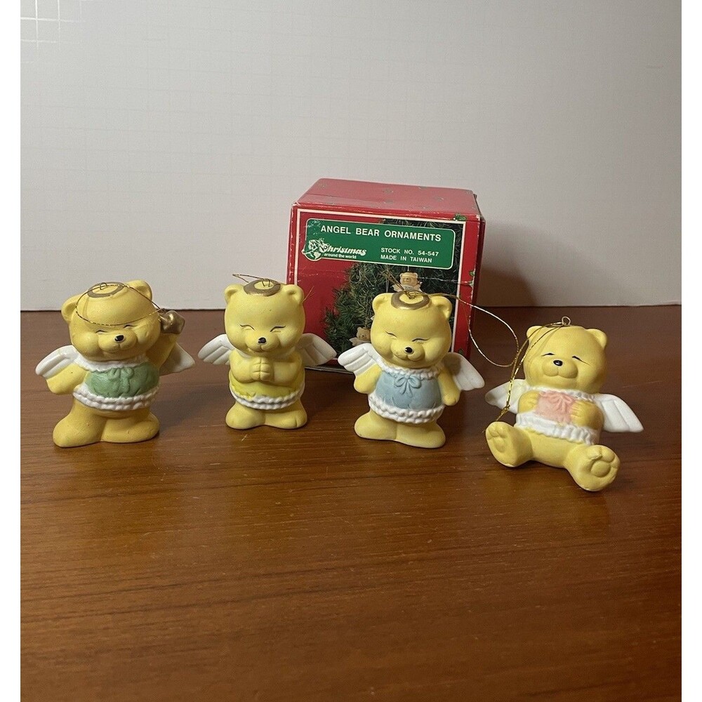 Vintage Christmas Ornaments Teddy Bear Made in Taiwan Set Of 4 Porcelain In Box